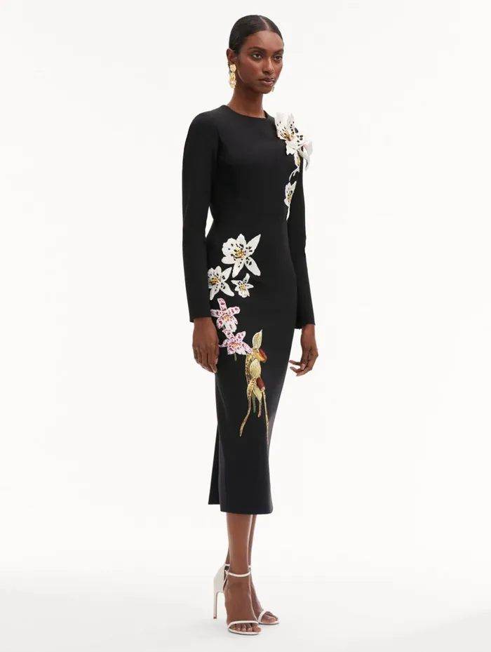 Women Dresses Oscar De La Renta Crystal Orchid Threadwork Dress Black Women Dresses Oscar De La Renta Crystal Orchid Threadwork Dress Black