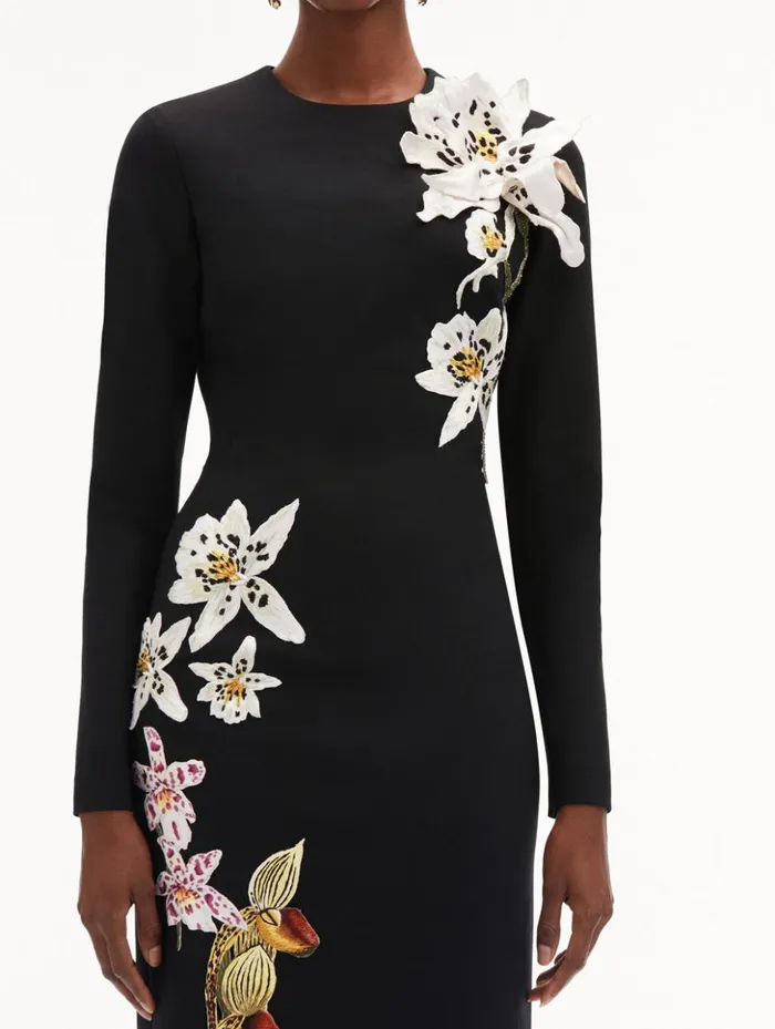 Women Dresses Oscar De La Renta Crystal Orchid Threadwork Dress Black Women Dresses Oscar De La Renta Crystal Orchid Threadwork Dress Black