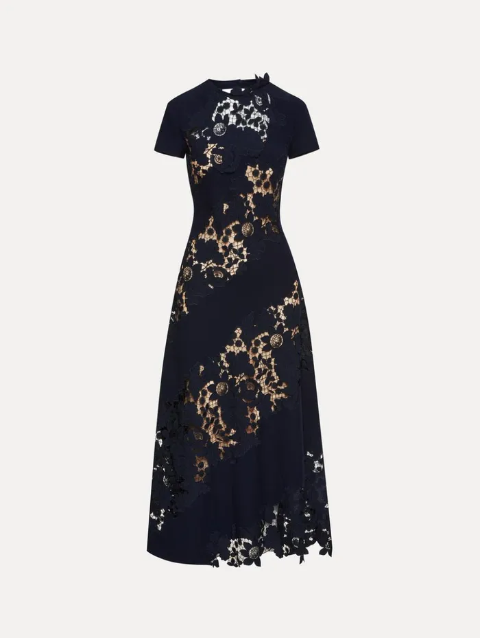 Women Dresses Oscar De La Renta Mixed Botanical Guipure Inset Midi Dress Navy
