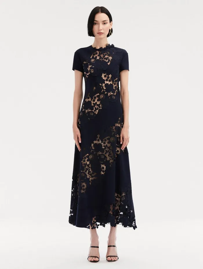 Women Dresses Oscar De La Renta Mixed Botanical Guipure Inset Midi Dress Navy Women Dresses Oscar De La Renta Mixed Botanical Guipure Inset Midi Dress Navy