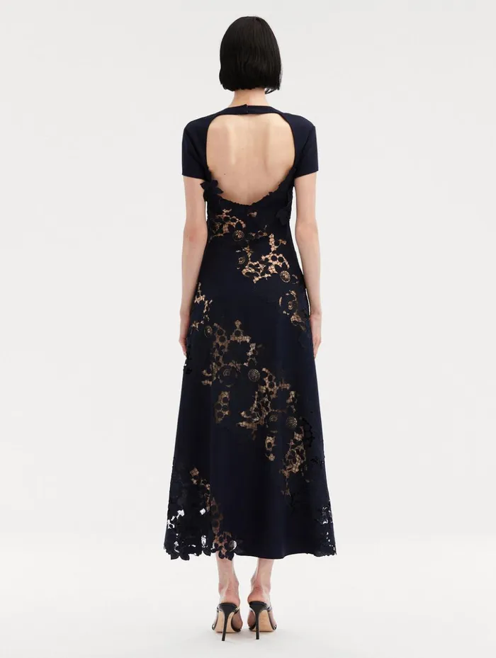 Women Dresses Oscar De La Renta Mixed Botanical Guipure Inset Midi Dress Navy Women Dresses Oscar De La Renta Mixed Botanical Guipure Inset Midi Dress Navy