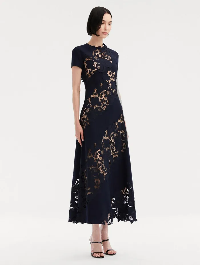 Women Dresses Oscar De La Renta Mixed Botanical Guipure Inset Midi Dress Navy Women Dresses Oscar De La Renta Mixed Botanical Guipure Inset Midi Dress Navy