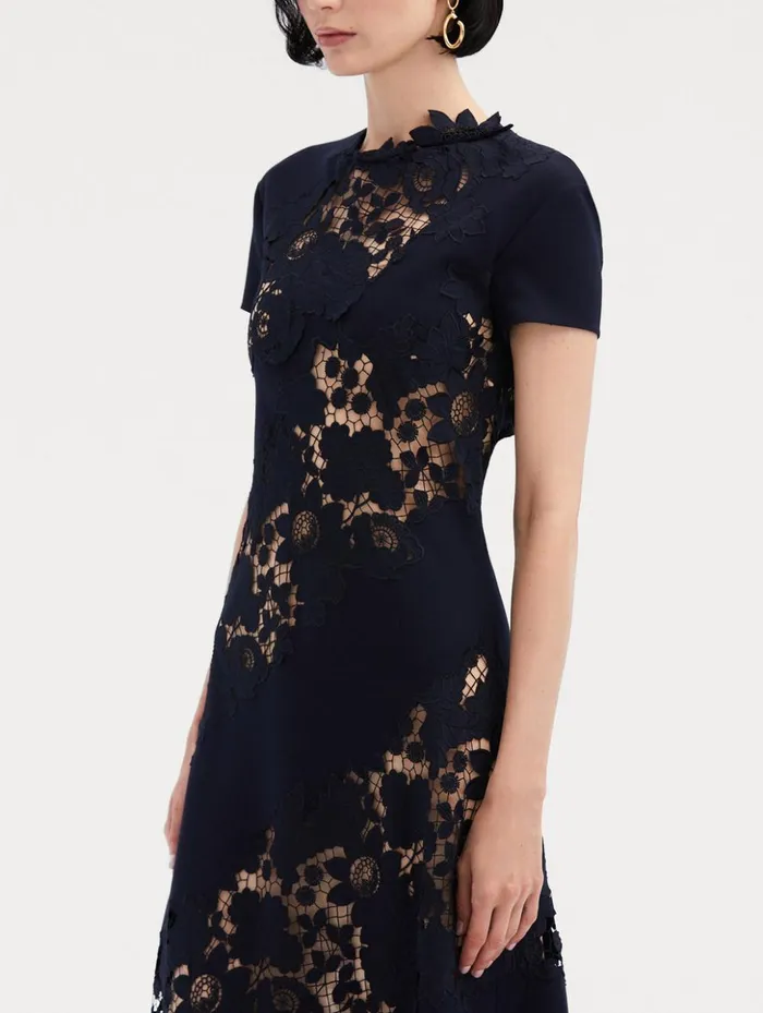 Women Dresses Oscar De La Renta Mixed Botanical Guipure Inset Midi Dress Navy Women Dresses Oscar De La Renta Mixed Botanical Guipure Inset Midi Dress Navy