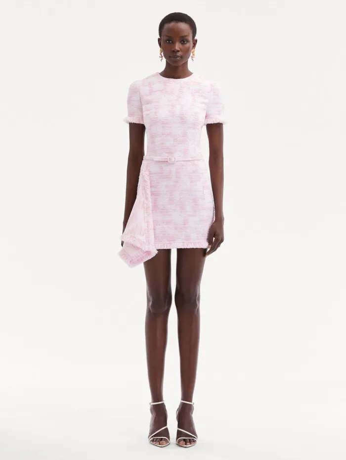 Women Dresses Oscar De La Renta Textured Tweed Draped Dress White Pink Women Dresses Oscar De La Renta Textured Tweed Draped Dress White Pink
