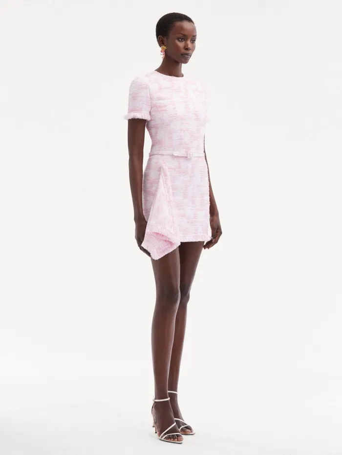 Women Dresses Oscar De La Renta Textured Tweed Draped Dress White Pink Women Dresses Oscar De La Renta Textured Tweed Draped Dress White Pink