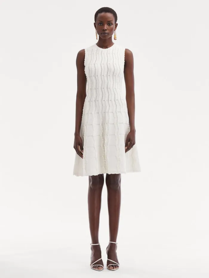 Women Dresses Oscar De La Renta Wave Knit Fit and Flare Dress Ivory Women Dresses Oscar De La Renta Wave Knit Fit and Flare Dress Ivory