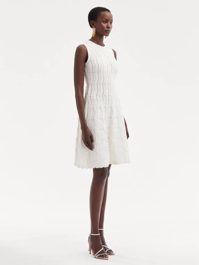 Women Dresses Oscar De La Renta Wave Knit Fit and Flare Dress Ivory Women Dresses Oscar De La Renta Wave Knit Fit and Flare Dress Ivory