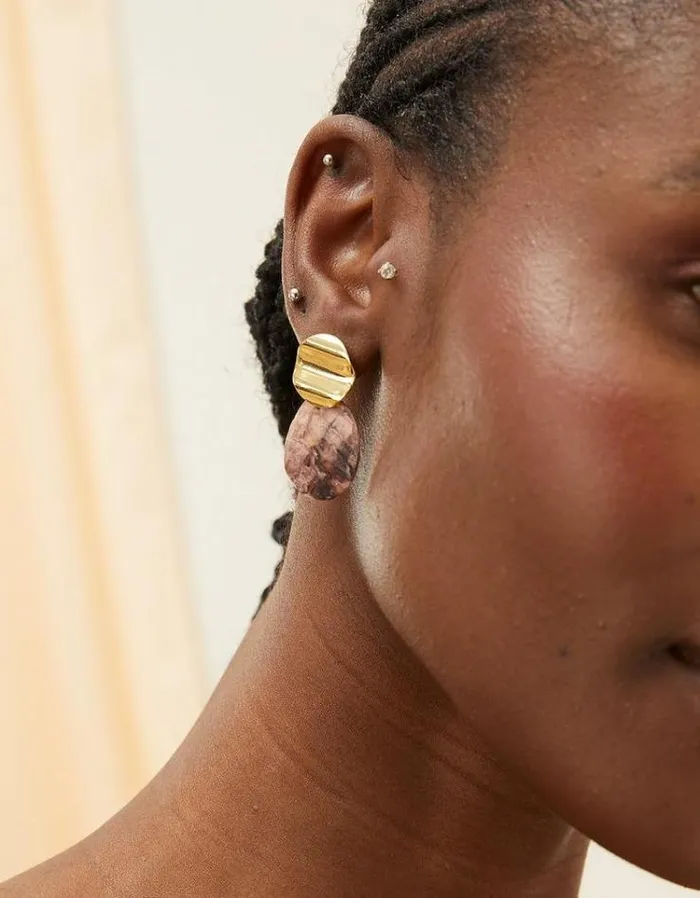 Women FatFace Copper and Black FatFace All Dressed Up Round Shell Earrings Gold