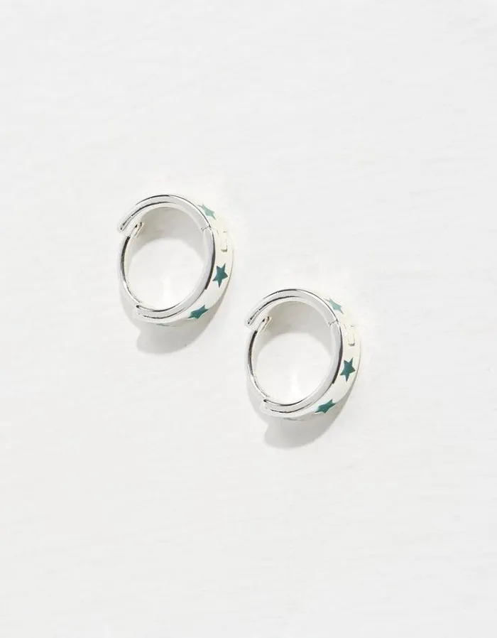 Women FatFace Jewelry Star Enamel Hoop Earrings Teal Green