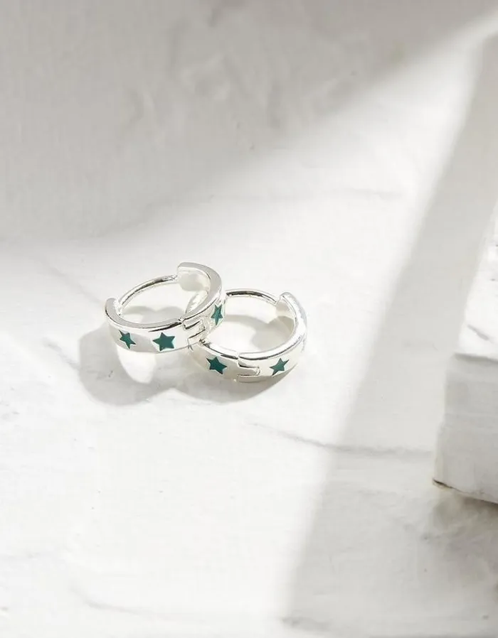 Women FatFace Jewelry Star Enamel Hoop Earrings Teal Green