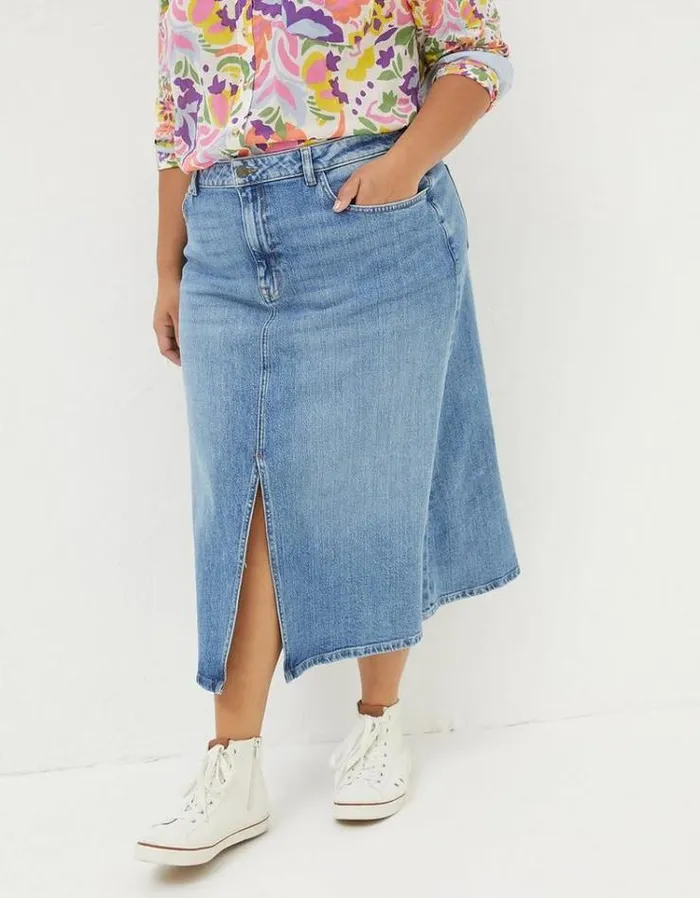 Women FatFace Skirts Carla Denim Midi Skirt Washed Blue