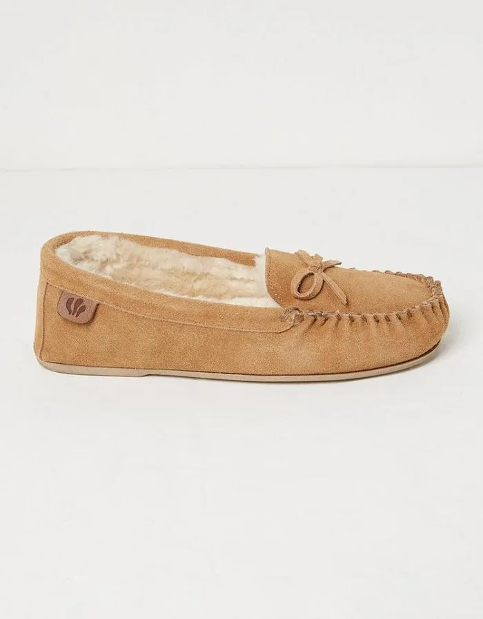Women FatFace Slippers Cara Suede Moccasin Slipper Tan