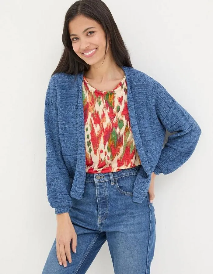 Women FatFace Sweaters and Cardigans Anna Ikat Tape Cardigan Teal Blue