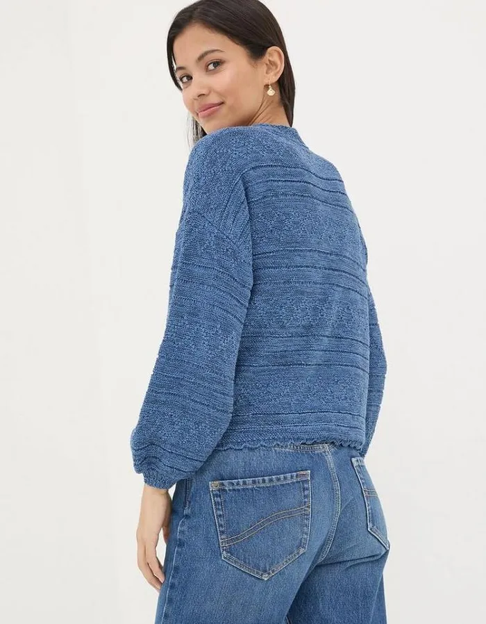 Women FatFace Sweaters and Cardigans Anna Ikat Tape Cardigan Teal Blue