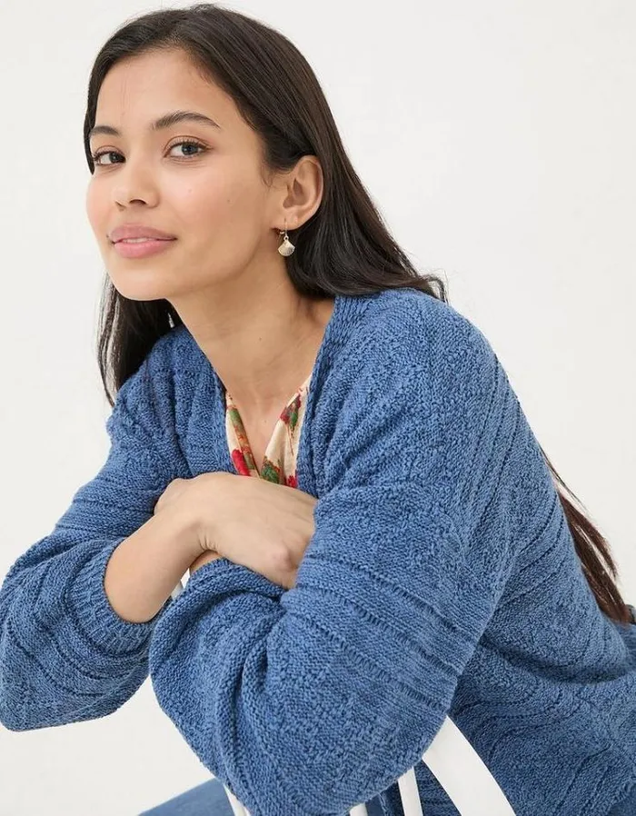 Women FatFace Sweaters and Cardigans Anna Ikat Tape Cardigan Teal Blue