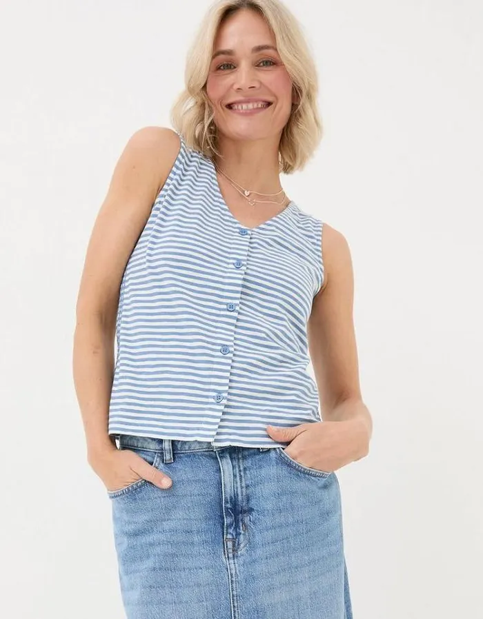 Women FatFace Tops and TShirts Claudia Stripe Button Tank Chambray Blue