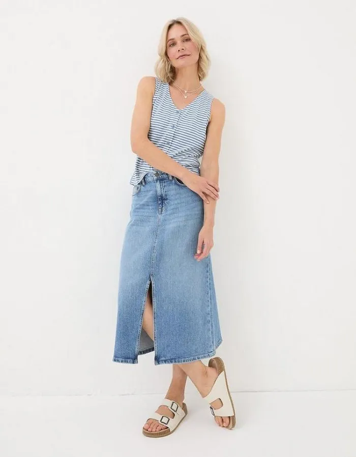 Women FatFace Tops and TShirts Claudia Stripe Button Tank Chambray Blue