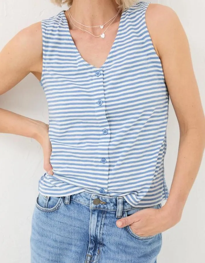 Women FatFace Tops and TShirts Claudia Stripe Button Tank Chambray Blue
