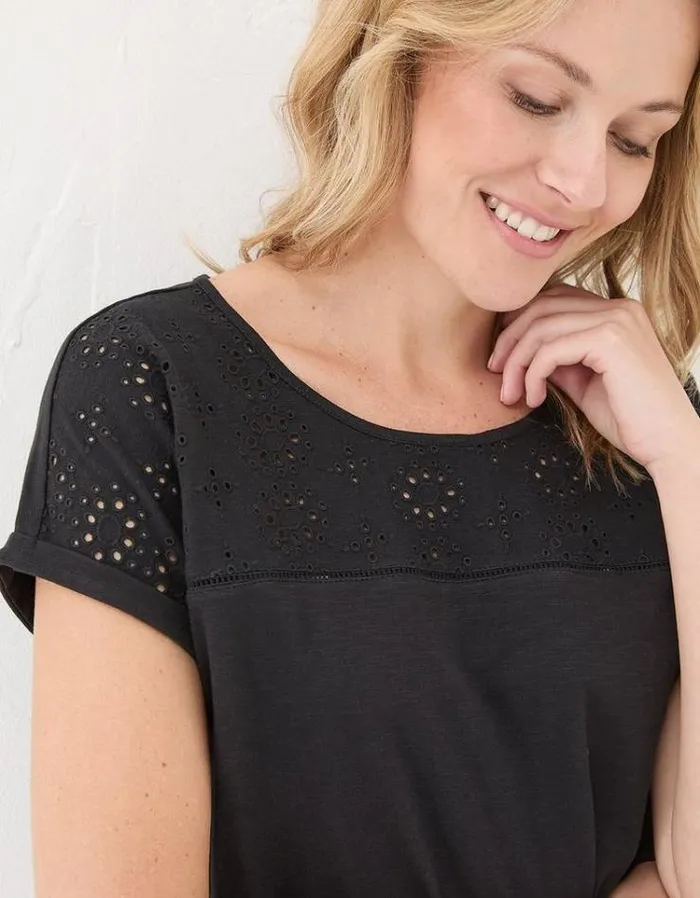 Women FatFace Tops and TShirts Fran Broderie Tie Front TShirt Black