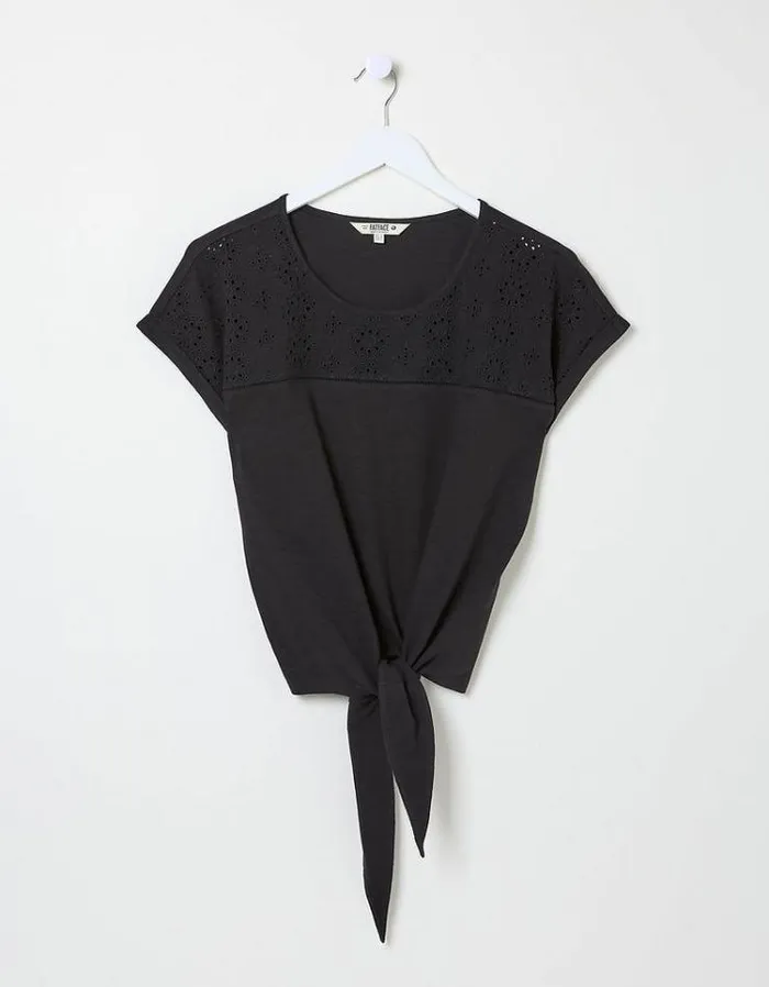 Women FatFace Tops and TShirts Fran Broderie Tie Front TShirt Black