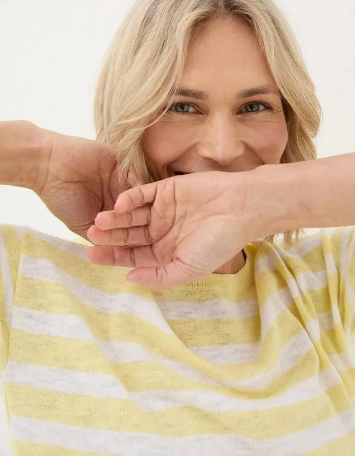 Women FatFace Tops and TShirts Sorbet Linen Stripe TShirt Lemon Yellow