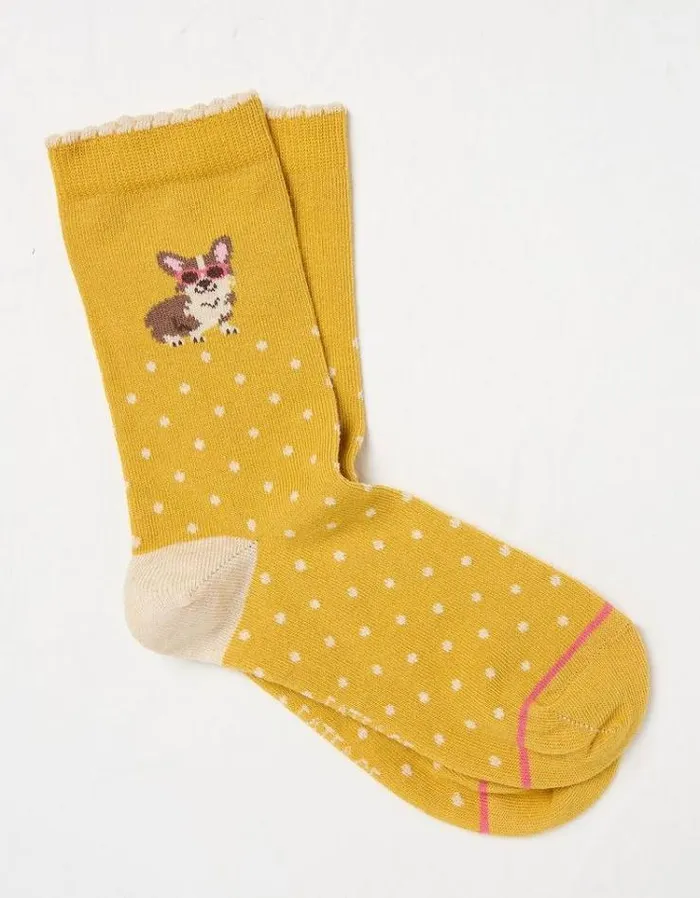 Women FatFace Underwear Socks and Tights 1 Pack Corgi Sunglasses Socks Mustard Yellow