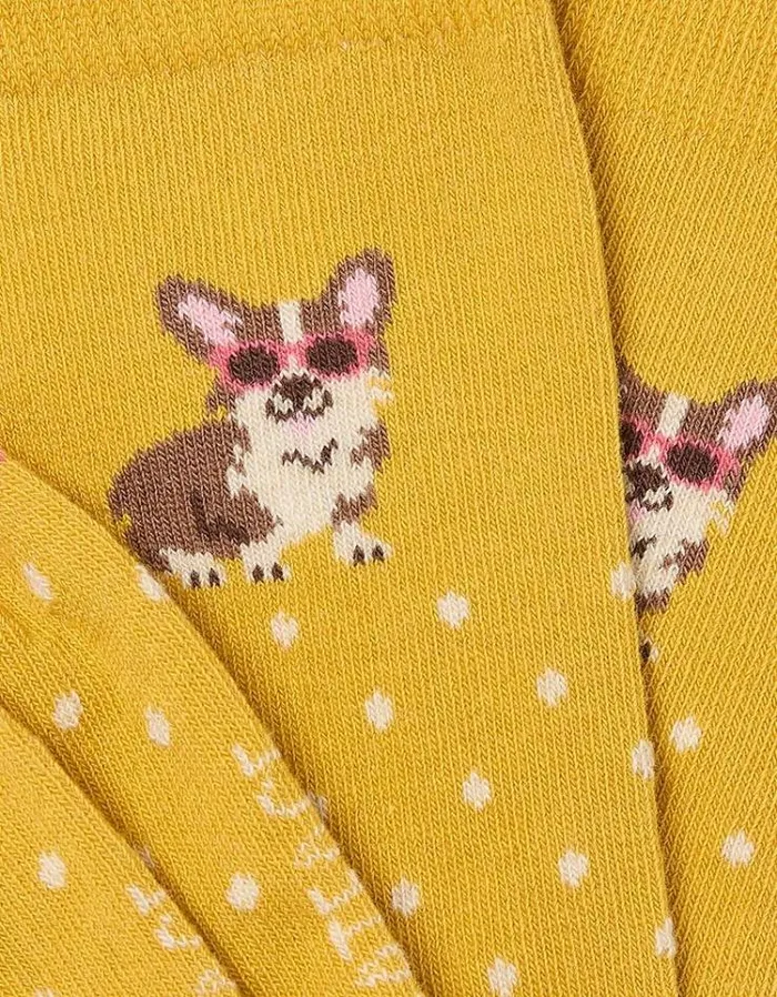 Women FatFace Underwear Socks and Tights 1 Pack Corgi Sunglasses Socks Mustard Yellow
