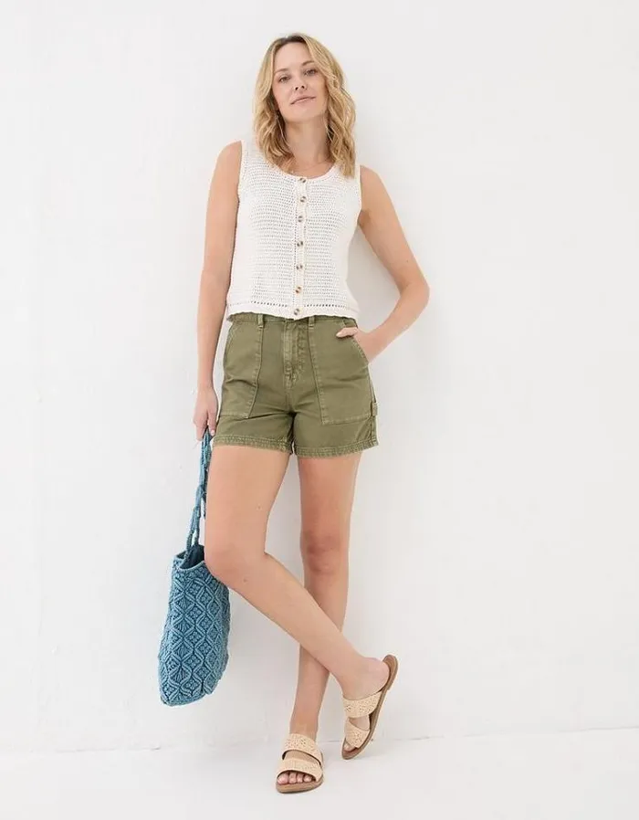 Women FatFace Vacation Shop Cali Denim Carpenter Shorts Khaki Green