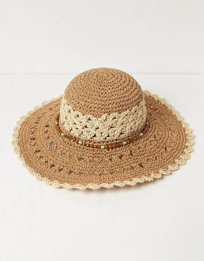 Women FatFace Vacation Shop Crochet Straw Sun Hat Natural