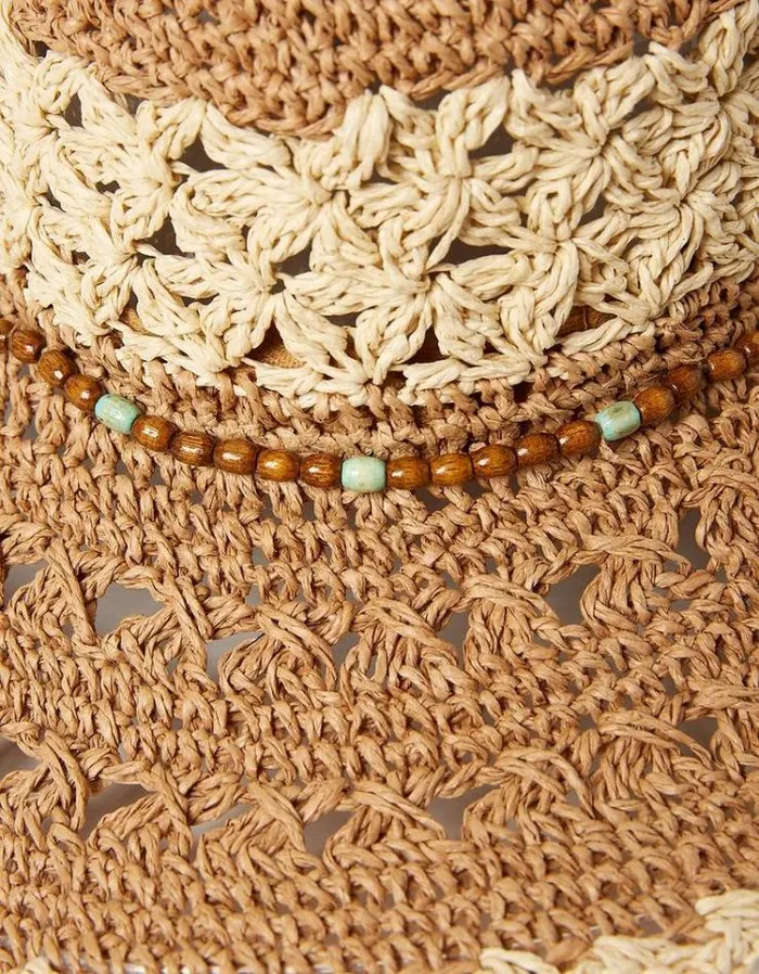 Women FatFace Vacation Shop Crochet Straw Sun Hat Natural