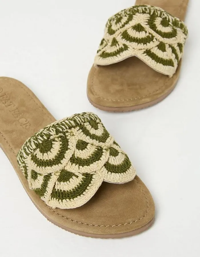 Women FatFace Vacation Shop Maira Scallop Sliders Khaki Green