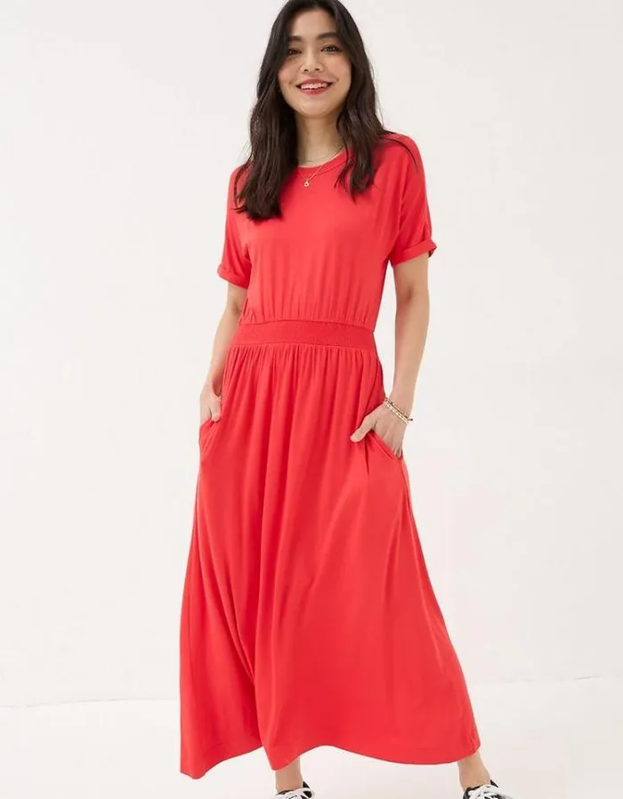 Women FatFace Vacation Shop Navi Midi Jersey Dress Bright Red