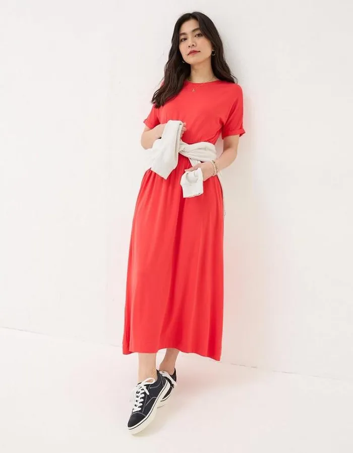 Women FatFace Vacation Shop Navi Midi Jersey Dress Bright Red