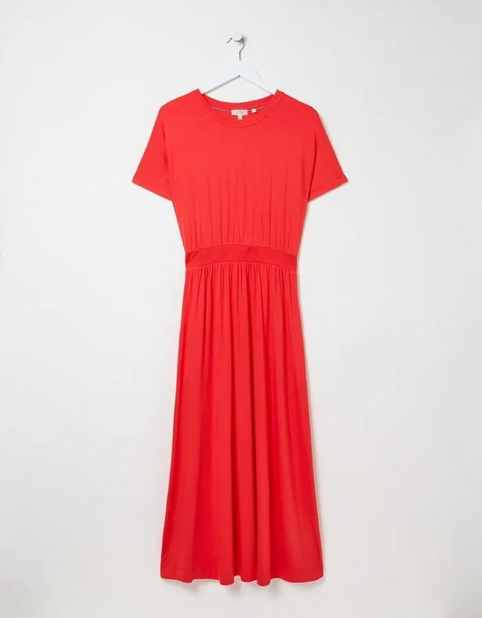 Women FatFace Vacation Shop Navi Midi Jersey Dress Bright Red