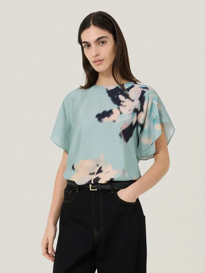 Women Floral Drift Silk Blend Top Blue Jigsaw Shirts and Tops