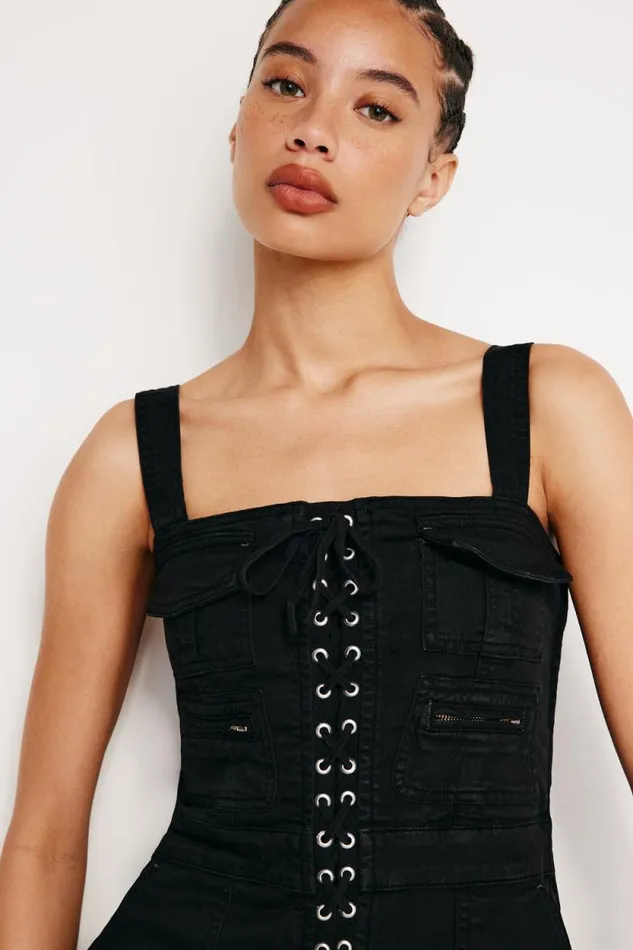 Women GOOD AMERICAN Jumpsuits LACE UP UTILITYJUMPSUIT Black001