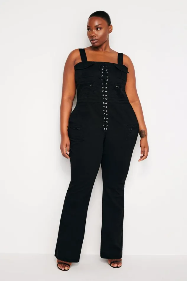 Women GOOD AMERICAN Jumpsuits LACE UP UTILITYJUMPSUIT Black001