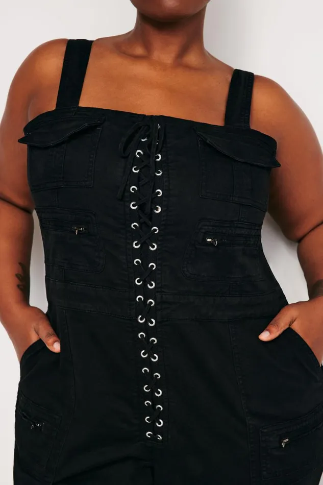 Women GOOD AMERICAN Jumpsuits LACE UP UTILITYJUMPSUIT Black001