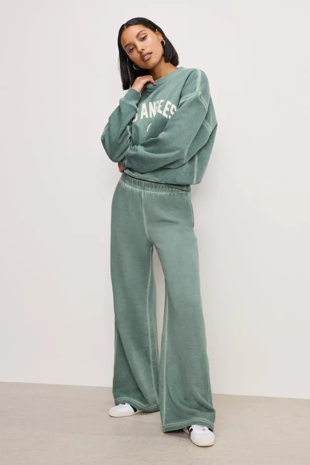 Women GOOD AMERICAN Pants BRUSHED FLEECE WIDE LEGSWEATPANTS Washed Fatigue Green001