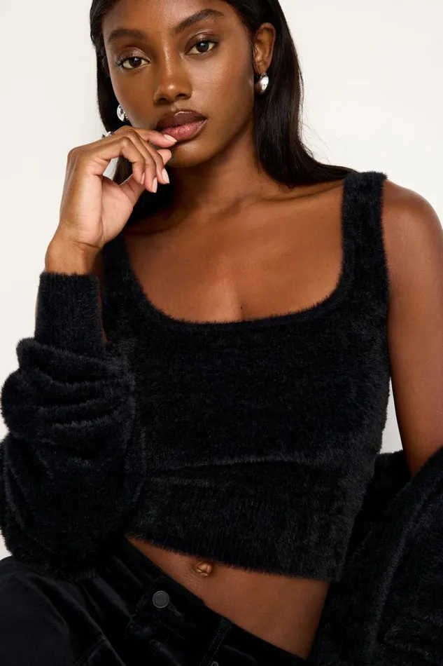 Women GOOD AMERICAN Tops FUZZY TANKTOP Black001