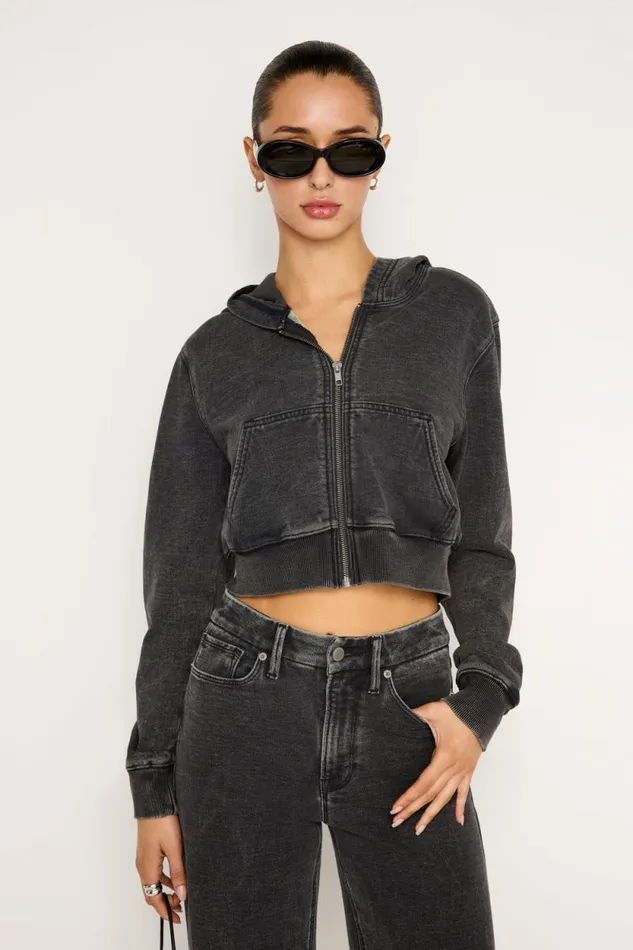 Women GOOD AMERICAN Tops JEANIUS CROPPED ZIPHOODIE Black322
