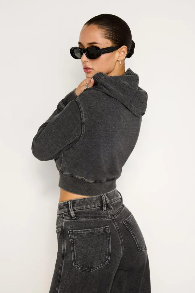 Women GOOD AMERICAN Tops JEANIUS CROPPED ZIPHOODIE Black322