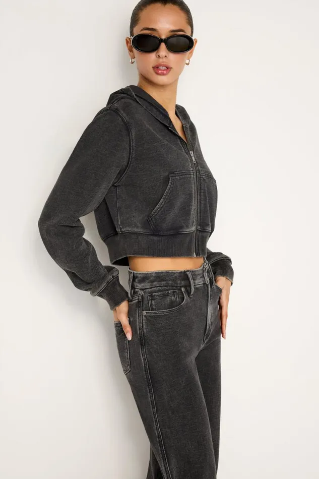 Women GOOD AMERICAN Tops JEANIUS CROPPED ZIPHOODIE Black322