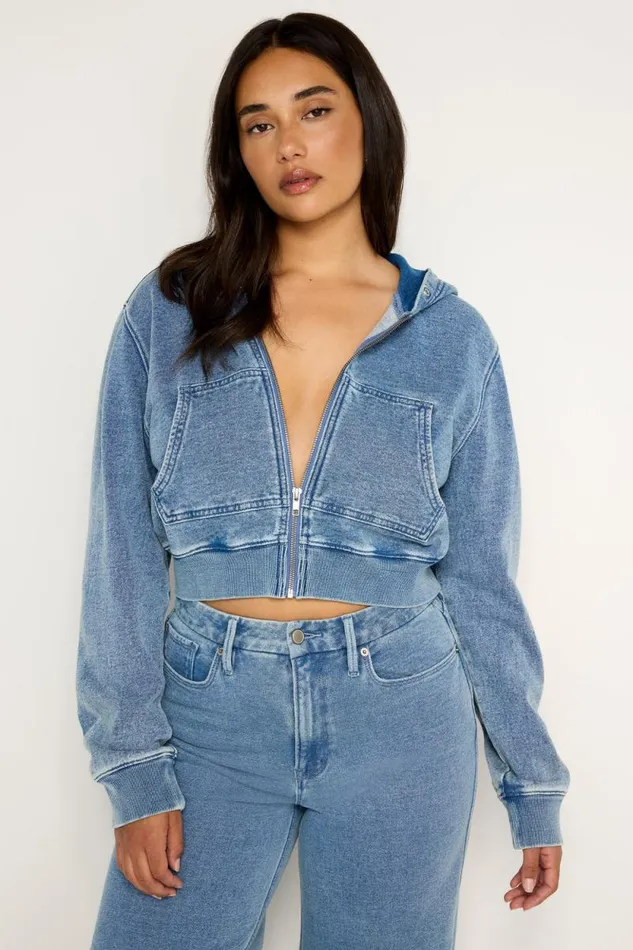 Women GOOD AMERICAN Tops JEANIUS CROPPED ZIPHOODIE Indigo586