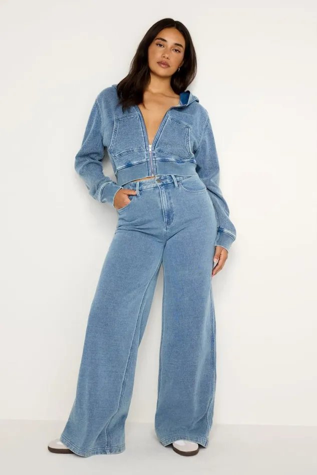 Women GOOD AMERICAN Tops JEANIUS CROPPED ZIPHOODIE Indigo586