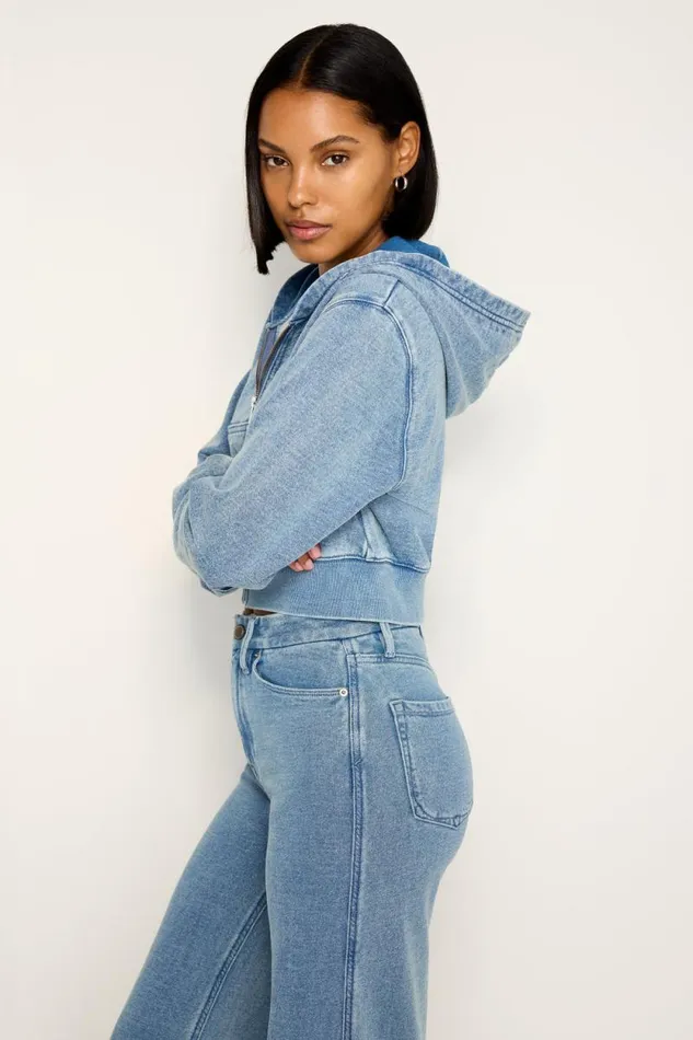 Women GOOD AMERICAN Tops JEANIUS CROPPED ZIPHOODIE Indigo586
