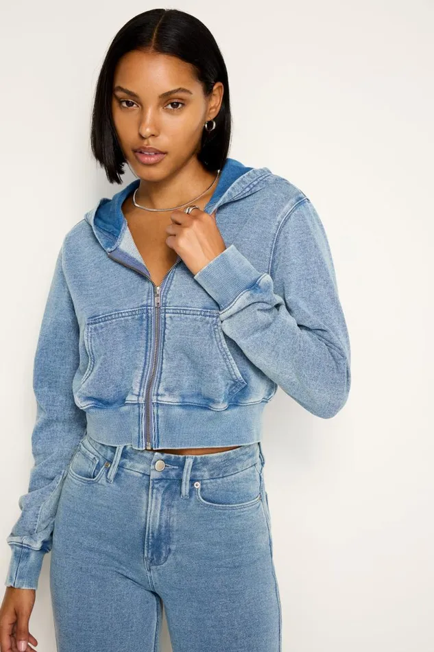 Women GOOD AMERICAN Tops JEANIUS CROPPED ZIPHOODIE Indigo586