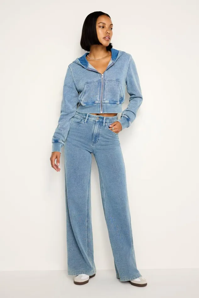 Women GOOD AMERICAN Tops JEANIUS CROPPED ZIPHOODIE Indigo586