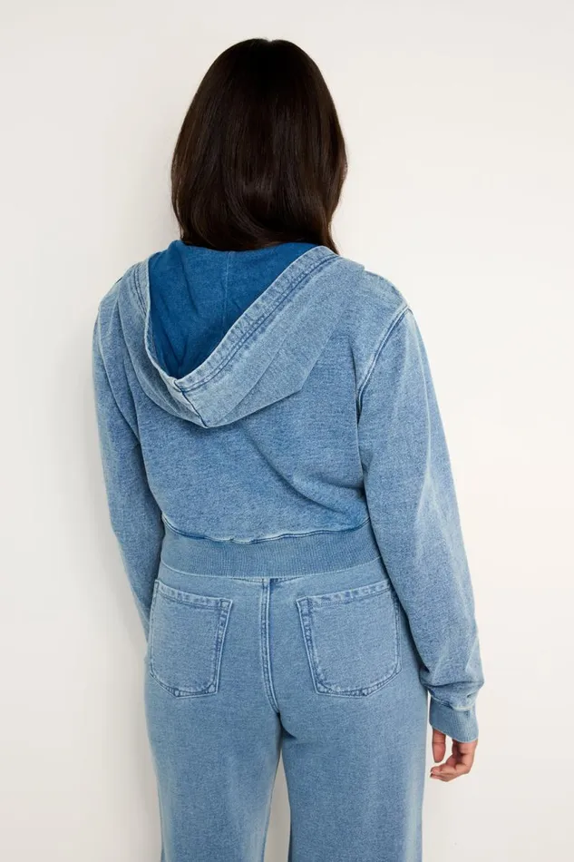 Women GOOD AMERICAN Tops JEANIUS CROPPED ZIPHOODIE Indigo586