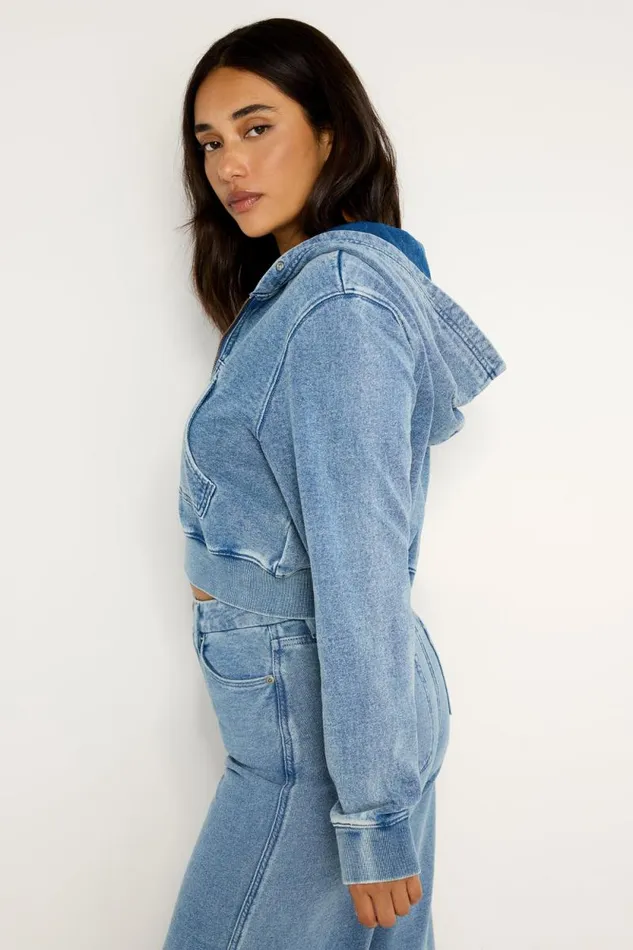 Women GOOD AMERICAN Tops JEANIUS CROPPED ZIPHOODIE Indigo586
